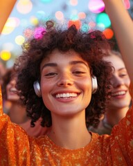 Poster - Vibrant Festival Culture Diverse Friends in Colorful LED-Lit Concert Setting - Modern Lifestyle Marketing and Social Engagement for Event Promotions