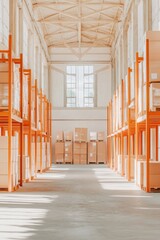 Fototapete - Bright Industrial Chic Well-Organized Warehouse with Safety Lanes and High Storage Racks - Logistics Efficiency and Modern Industrial Safety Compliance for Business Innovation