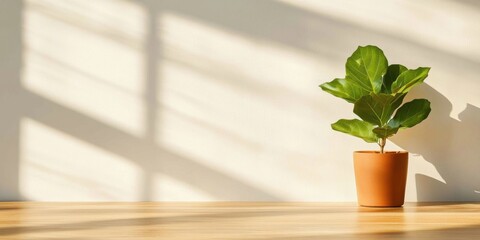 Poster - Minimalist Biophilic Workspace Fiddle Leaf Fig in Terracotta on Sunlit Desk - Sustainable Office Design and Well-being for Modern Professionals