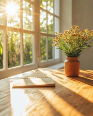 Poster - Sunlit Rustic Workspace Wooden Desk with Notepad and Floral Vase - Inspiring Creative Content and Natural Light for Eco-Friendly Business Environments