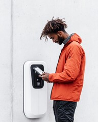 Poster - sleek urban tech young professional unlocking e-bike through smartphone - redefining smart city mobi