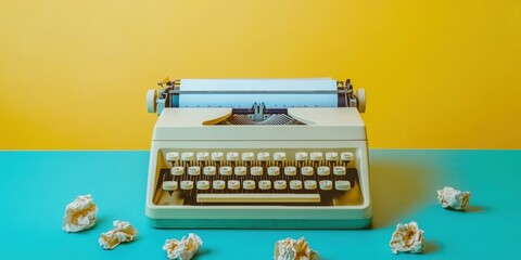 Poster - Retro Office Aesthetic Vintage Typewriter on Mint Table with Crumpled Paper - Minimalist Design in Creative Writing Spaces for Editorial Branding and Content Strategy Visualization