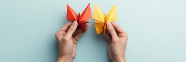 Aufkleber - Modern Minimalist Connection Hands Cradling Origami Butterflies on Mint Surface - Community Support Content and Wellness Communication Design