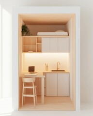 Poster - Minimalist Urban Capsule Versatile Micro Living Unit with Wooden Accents for Efficient Home Office and Relaxation - Space-Saving Design for Modern City Professionals