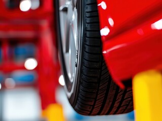 Aufkleber - Futuristic Automotive Precision Mechanic Wheel Alignment on Sleek Lift - High-Tech Maintenance Display for Professional Vehicle Service Optimization