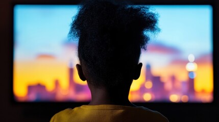 Aufkleber - Contemporary Family Tech Experience Diverse Child Engaged in Virtual Cityscape Tour on HD Screen - Immersive Home Entertainment and Travel Tech for Inclusive Lifestyle
