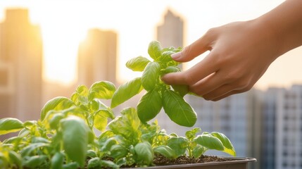Aufkleber - Chic Urban Rooftop Gardening Hand Harvesting Fresh Basil in Cityscape Setting - Eco-friendly Content for Sustainable Living and Urban Agriculture Promotion