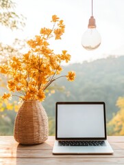 Leinwandbilder - Scenic Workspace Design Portable Laptop on Natural Wood Terrace with Woven Vase and Flowers - Digital Nomad Content for Creative Remote Work Solutions in Tech and Lifestyle Marketing