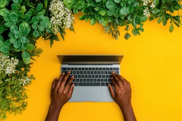 Aufkleber - Vibrant Tech Workspace Diverse Hands Typing on Laptop with Greenery Overhead on Yellow Desk - Modern Home Office Visualization for Remote Productivity and Business Innovation