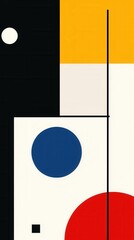 Poster - Abstract geometric composition with vivid colors and shapes featuring circles, squares, and vertical lines