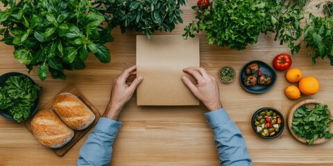 Poster - Modern Networking Aesthetic Hands Presenting Kraft Paper on Natural Wood, Fresh Produce and Greenery Surrounding - Organic Business Content for Sustainable Connection and Marketing