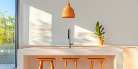 Poster - Scandinavian-Inspired Marble Kitchen Eco-Chic Storage and Pendant Lighting - Design Trend for Sustainable Residential Interiors and Culinary Creativity
