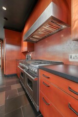 Poster - Sleek Handleless Kitchen Cabinets with Quartz Countertops and Red Tiling - Ergonomic Design for Modern Home Renovations and Premium Appliance Integration