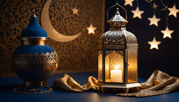 Ramadan Kareem promotional poster with a deep blue background, golden Islamic patterns, and a beautifully designed mosque silhouette.