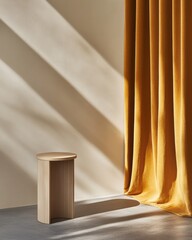 Poster - Modern Minimalist Interior Sleek Wooden Stool and Textured Fabric in Architectural Space for Luxury Home Design and Contemporary Office Aesthetic