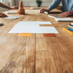 Aufkleber - Scandinavian Business Vibe Modern Office Meeting with Wooden Table Texture and Engaged Discussion - Enhancing Workplace Dynamics and Creative Team Collaboration
