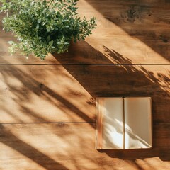 Poster - Natural Workspace Vibes Open Notebook and Greenery on Sunlit Wooden Desk - Inspiring Content Creation for Eco-Friendly Office Spaces and Creative Workflow Enhancement