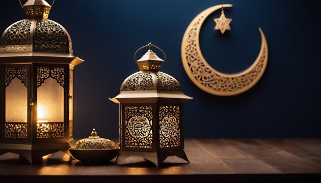 Ramadan Kareem promotional poster with a deep blue background, golden Islamic patterns, and a beautifully designed mosque silhouette.