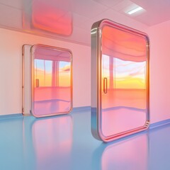 Poster - Retro-Futuristic Sci-Fi Doors with Glass and Metallic Frames in a Polished Laboratory Setting Innovative Safety Design for Enhanced Workflow and Compliance in Research Facilities