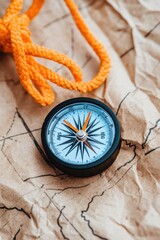 Poster - Vintage Navigation Charm Compass on Crumpled Map with Rope - Rustic Adventure Planning and Outdoor Gear Branding for Modern Travel Enthusiasts