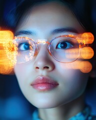 Poster - Youthful Vision in Futuristic Workplace Asian Student with Smart Glasses and Neon Lights - Elevating Digital Innovation and Tech Skill Development in Cross-Cultural Education