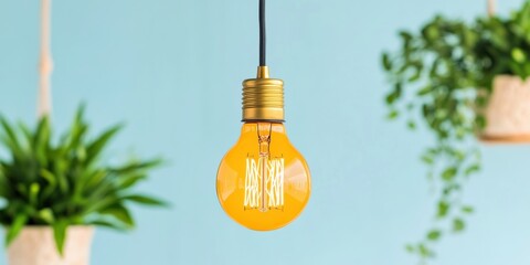 Aufkleber - Vintage Edison Bulb Aesthetic Illuminated Workspaces with Hanging Planters on Sky Blue - Inspiring Office Design and Eco-Friendly Business Innovation