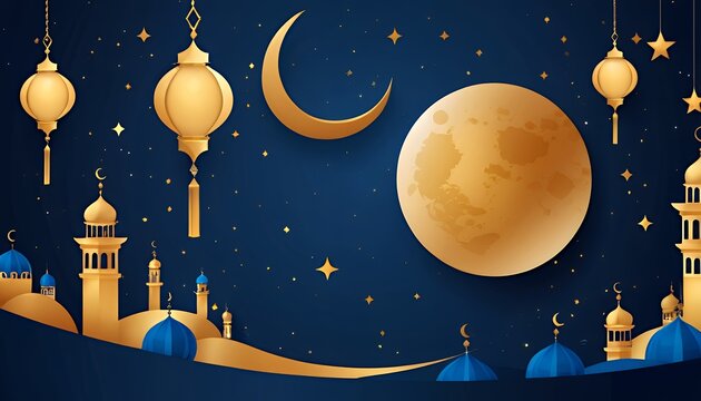 Ramadan Kareem promotional poster with a deep blue background, golden Islamic patterns, and a beautifully designed mosque silhouette.