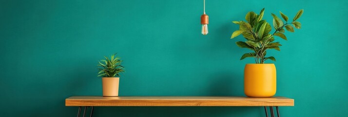 Poster - Mid-Century Modern Workspace Walnut Desk and Vibrant Greenery on Teal - Contemporary Office Design for Creative Professionals and Inspiring Remote Work Spaces