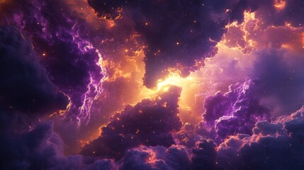 dramatic cosmic nebula bathed in ethereal purple and orange light