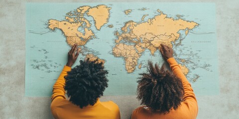 Aufkleber - Interactive Cartography Diverse Team Analyzing Vintage Map for Digital Travel Insights - Enhancing Virtual Tourism and Geospatial Data Applications in Global Business Strategies