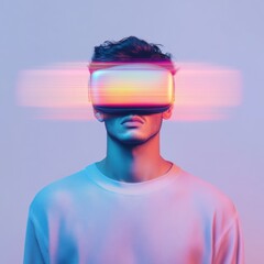 Fototapete - Cyberpunk VR Experience Faceless Figure with Neon Pixelated Glitches for Immersive Digital Tourism - Interactive Marketing Visuals and Innovative Tech Storytelling
