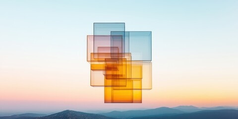 Leinwandbilder - Digital Minimalist Art Transparent Geometric Cubes Against a Sunset Sky for Modern Interior Design and Tech-Inspired Decor Concepts