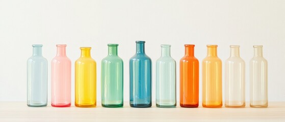 Leinwandbilder - Gradient Glass Bottle Arrangement Vibrant Rainbow Palette on Neutral Surface - Visual Merchandising Art for Home Decor and Retail Aesthetic Trends, Showcasing Creative Display Ideas