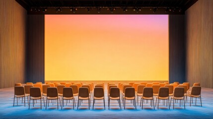 Fototapete - Immersive Conference Setup Panoramic Digital Display, Sleek Stage Lighting and Contemporary Seating for Professional Business Events and Interactive Presentations