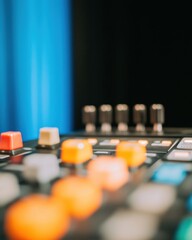 Poster - Sleek Broadcast Studio Control High-Tech Audio Interface with Metallic Knobs and Vibrant Controls - Optimizing Television Production and Modern Content Creation