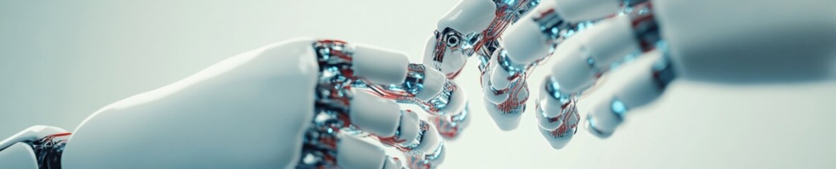 Poster - Futuristic Tech Aesthetics AI Robotic and Human Hand Connection in Space - Mechanical Components and Circuits for Business Innovation and Digital Collaboration