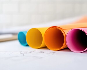 Poster - Colorful Blueprint Roll Modern Architectural Drafting on Textured Paper - Urban Planning Visualization for Business Innovation and Sustainable Design Applications