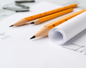Poster - Rolls of Architectural Blueprint Paper with Precision Pencil Sketches on Clean White Surface - Urban Planning Creativity Tool for Construction Strategy and Modern Infrastructure Design