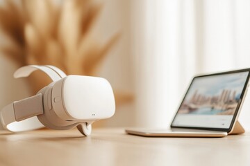 Fototapete - Minimalist Tech Hub Sleek VR Headset and Digital Tablet with Travel Booking Interface on Wooden Surface - Modern Business Innovation and Digital Experience Design