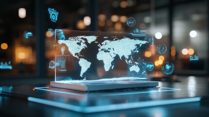 Aufkleber - Futuristic Digital World Map Display Transparent Podium with Floating Travel Icons - Tech-Driven Travel Content and Business Innovation Applications