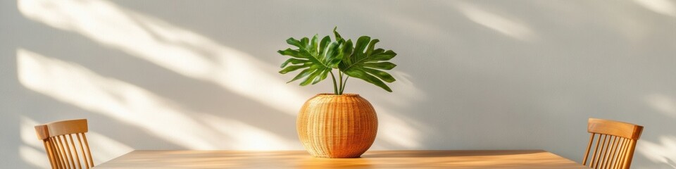 Poster - Minimalist Workspace Aesthetic Wooden Table with Textured Vase and Greenery for Modern Office Interiors - Enhancing Productivity in Corporate Settings