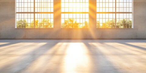 Poster - Minimalist Industrial Workspace Sunlit Concrete Interior with Large Windows - Modern Office Design for Enhanced Productivity in Tech Startups