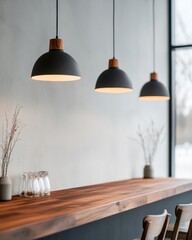 Poster - Industrial Chic Bar Counter Setup Modern Pendant Lighting Over Wooden Surface - Elevating Casual Dining Experience in Hospitality Venues