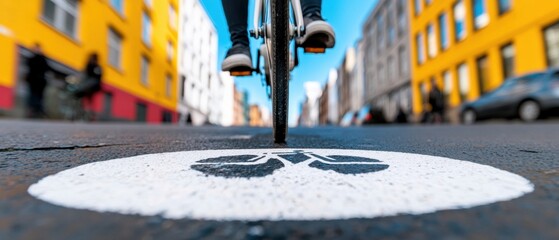 Aufkleber - Urban Cycling Aesthetic Dynamic Bicycle Lane on City Street with Office Buildings - Sustainable Transport Content and Smart Urban Planning for Eco-Friendly Cities