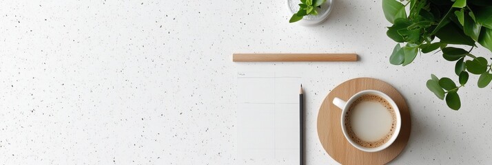 Poster - Minimalist Workspace Layout Natural Wood Pencil and Planner on Speckled Surface - Business Organization and Eco-Friendly Office Design for Enhanced Productivity