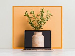 Aufkleber - Contemporary Digital Workspace Minimalist Laptop Setup with Greenery and Stone Vase on Marble - Inspiring Office Aesthetics and Professional Productivity for Modern Creatives