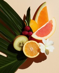 Poster - Vibrant Wellness Display Rustic Wooden Surface with Mixed Fruits and Botanical Leaf - Nutritional Content Marketing and Health Industry Merchandising