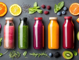 Aufkleber - Colorful Minimalist Juice Display Glass Bottles with Fresh Produce and Garnish on Slate - Vibrant Wellness Visuals for Health Marketing and Lifestyle Branding