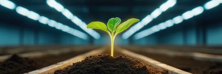 Aufkleber - Biophilic Green Tech Visualization Glowing Seedling in Soil with Circuit Symbols - Sustainable Innovation for Eco-Friendly Agricultural Solutions