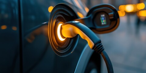 Leinwandbilder - Neo-Futuristic EV Charging Illuminated Connector on Sleek Surface - Streamlined Electric Infrastructure for Progressive Urban Mobility and Sustainable Transport Solutions